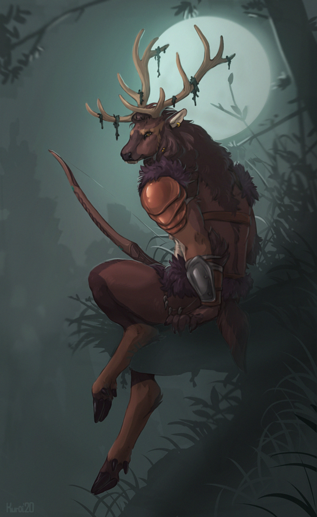 2020 5_fingers anthro antlers armor biped black_hooves black_nose bow_(weapon) brown_body brown_eyes brown_fur cervid cervine cloven_hooves digital_media_(artwork) ear_piercing ear_ring elk fingers forest full_moon fur grass hooves horn inner_ear_fluff kuroi-kisin looking_at_viewer looking_back male mammal moon night outside piercing ranged_weapon short_tail sitting sky solo tree tuft weapon white_body white_fur