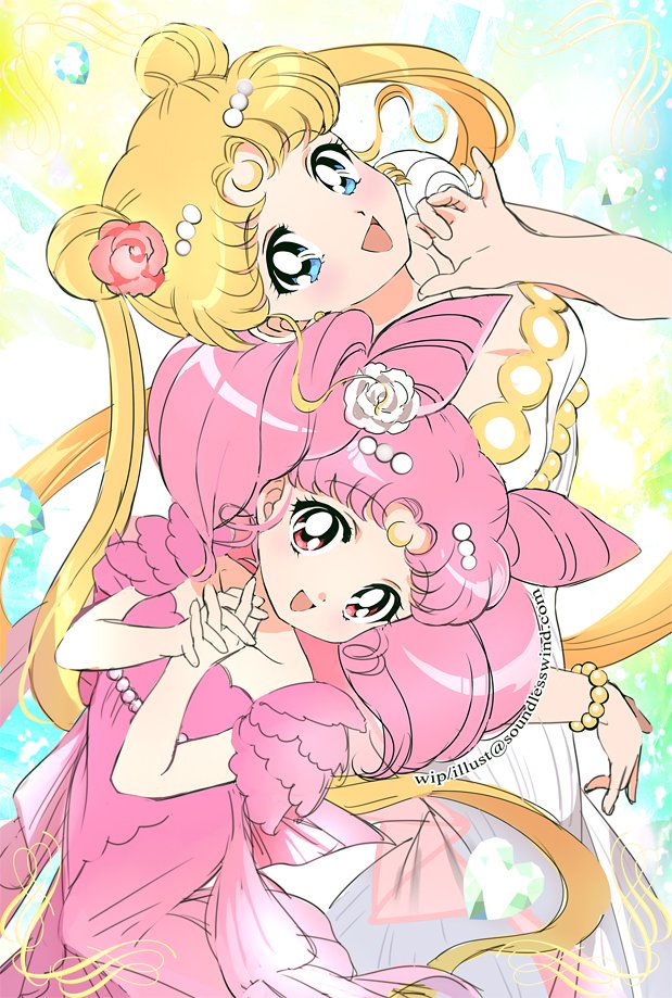 2girls :d bangs bare_arms bishoujo_senshi_sailor_moon blonde_hair blue_eyes chibi_usa collarbone double_bun dress eyebrows_visible_through_hair facial_mark flower forehead_mark gem hair_flower hair_ornament hands_clasped kaze-hime long_hair looking_at_viewer mother_and_daughter multiple_girls open_mouth own_hands_together parted_bangs pink_dress pink_eyes princess_serenity red_eyes red_flower red_rose rose small_lady_serenity smile symbol_commentary tsukino_usagi twintails very_long_hair white_dress white_flower white_rose work_in_progress
