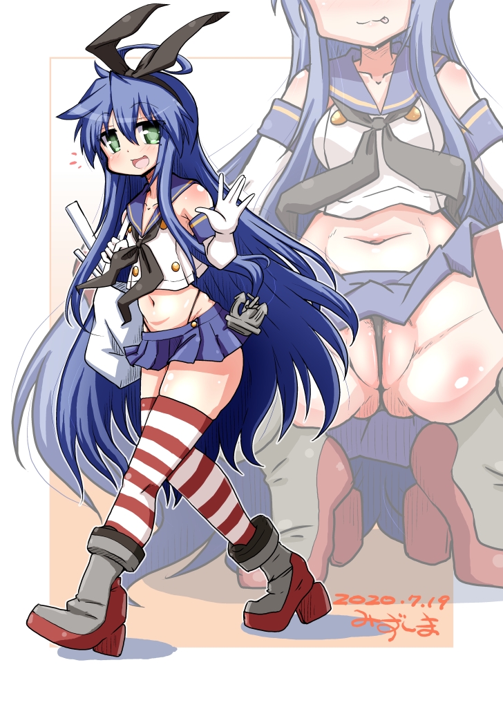 1girl ahoge anchor_hair_ornament artist_name bag black_hairband black_neckwear black_panties blue_eyes blue_sailor_collar blue_skirt commentary_request cosplay crop_top dated elbow_gloves full_body gloves green_eyes hair_ornament hairband highleg highleg_panties izumi_konata kantai_collection long_hair looking_at_viewer lucky_star microskirt midriff miniskirt mizushima_(p201112) mole mole_under_eye multiple_views navel neckerchief panties plastic_bag pleated_skirt sailor_collar shimakaze_(kantai_collection) shimakaze_(kantai_collection)_(cosplay) simple_background skirt smile spread_legs squatting striped striped_legwear thighhighs thong underwear waving white_background white_gloves zoom_layer