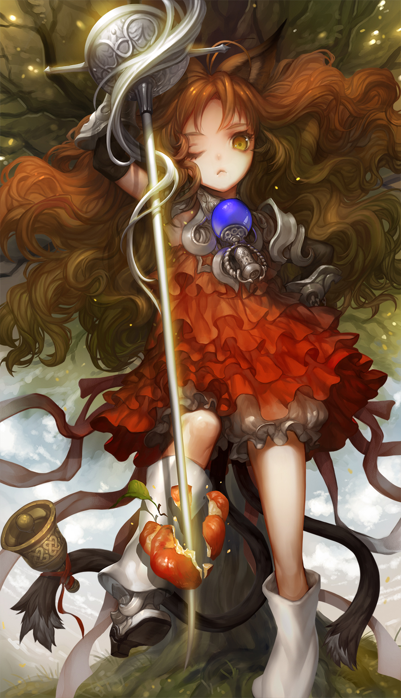 1girl animal_ears antenna_hair apple arm_up armor bell brown_hair closed_mouth cloud cloudy_sky danhu dress food fruit grass hand_on_hip highres holding holding_sword holding_weapon knight long_hair multiple_tails one_eye_closed original outdoors pauldrons rapier red_dress shoulder_armor sky solo stabbing sword tail tail_bell tree two_tails vambraces weapon white_footwear yellow_eyes