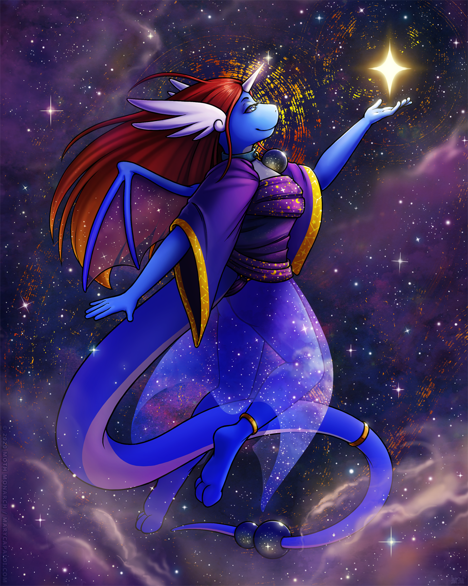 2020 4:5 anklet anthro blue_body brown_hair clothed clothing detailed_background dragonair female floating fully_clothed hair happy hi_res jewelry mothmonarch nintendo outside pok&eacute;mon pok&eacute;mon_(species) robe sky smile solo star starry_sky tail_ring video_games