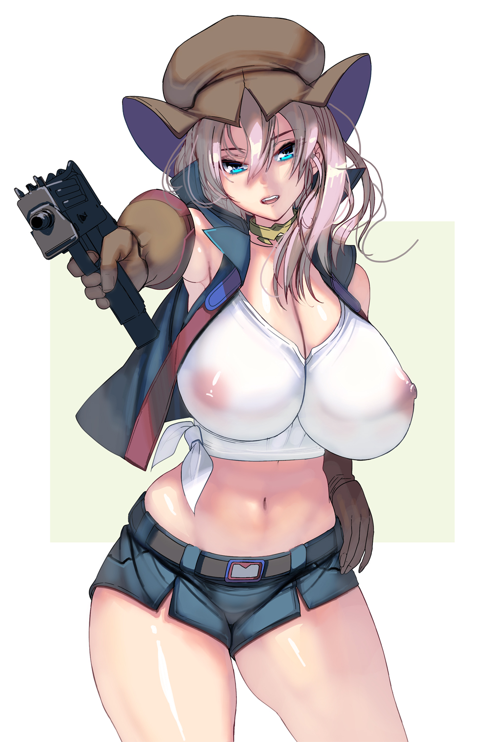 1girl bangs belt blonde_hair blue_eyes breasts choker cleavage covered_nipples cowboy_shot gloves gun hair_between_eyes hand_on_hip hat highres huge_breasts long_hair looking_at_viewer mac-11 masao midriff navel nipples open_mouth original outstretched_arm photoshop_(medium) revision see-through shirt short_shorts shorts simple_background solo submachine_gun tied_shirt two-tone_background weapon