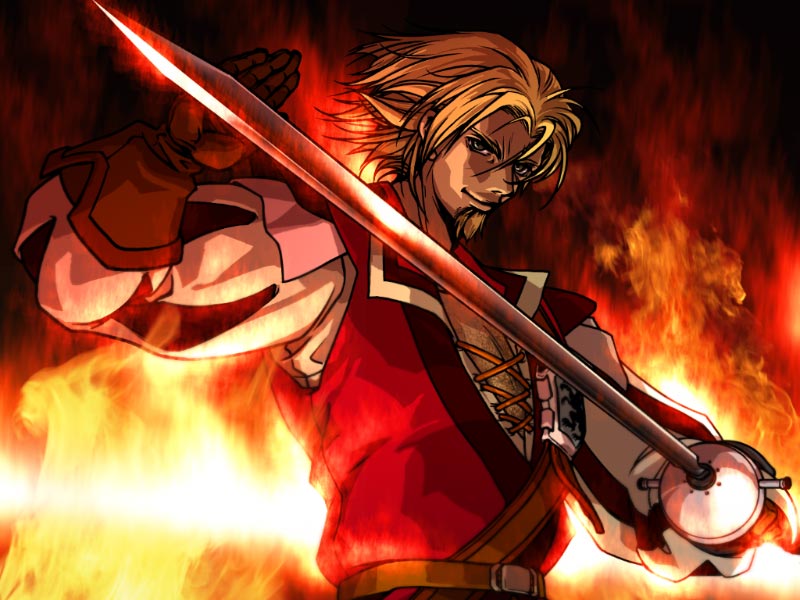 bandolier beard belt belt_buckle blonde_hair blue_eyes brown_belt brown_gloves buckle chest_hair collared_shirt facial_hair faylute fiery_background fire gloves goatee heraldry leather leather_gloves musketeer open_collar puff_and_slash_sleeves puffy_sleeves raphael_sorel rapier red_tunic shirt soulcalibur soulcalibur_ii sword tunic weapon white_shirt