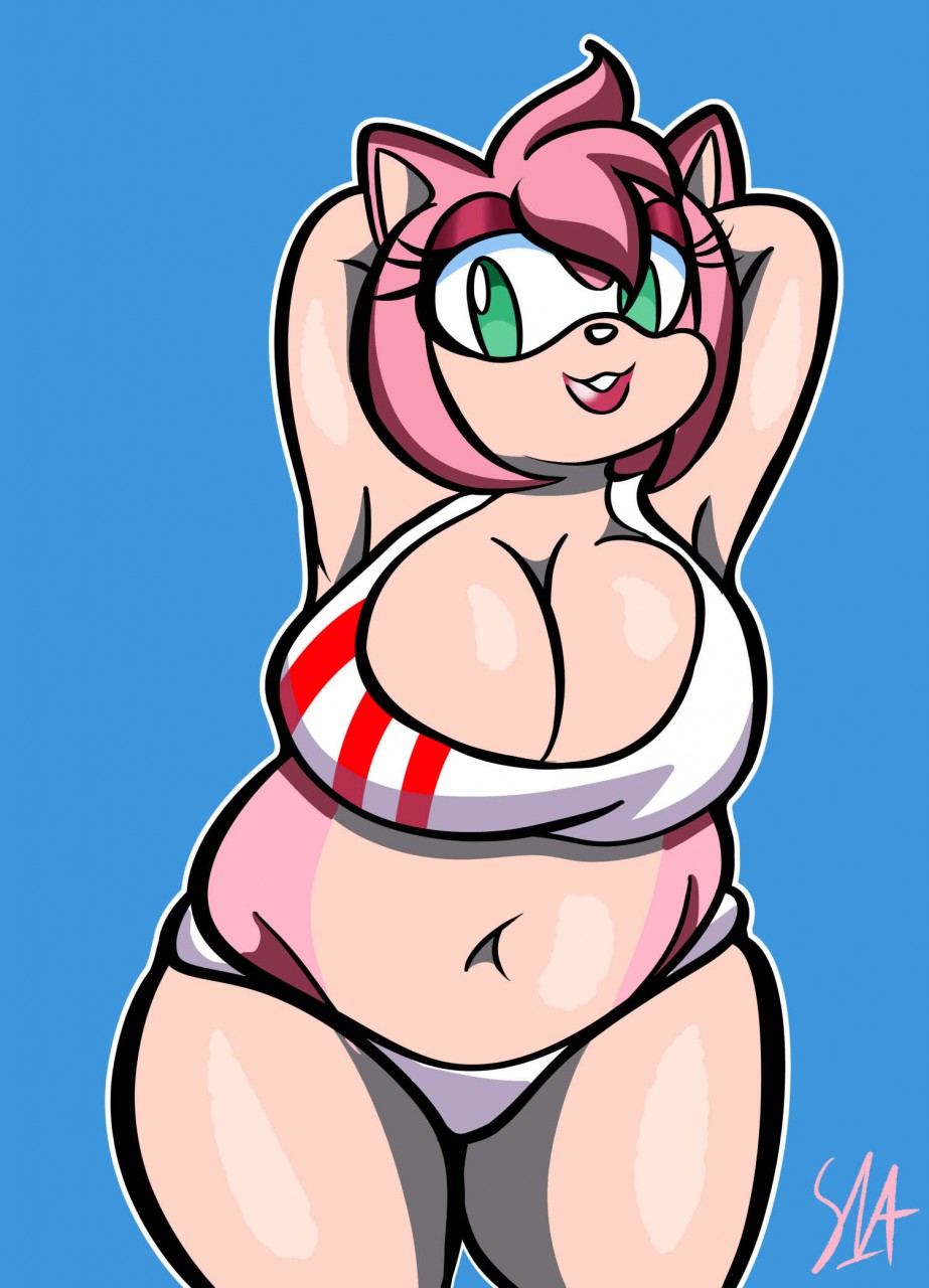 amy_rose anthro big_breasts blue_background breasts clothed clothing eulipotyphlan female green_eyes hair hands_behind_head hedgehog hi_res looking_at_viewer mammal open_mouth pink_body signature simple_background slightly_chubby smile solo someth1ngoranother sonic_the_hedgehog_(series) standing swimwear teeth thick_thighs video_games wide_hips