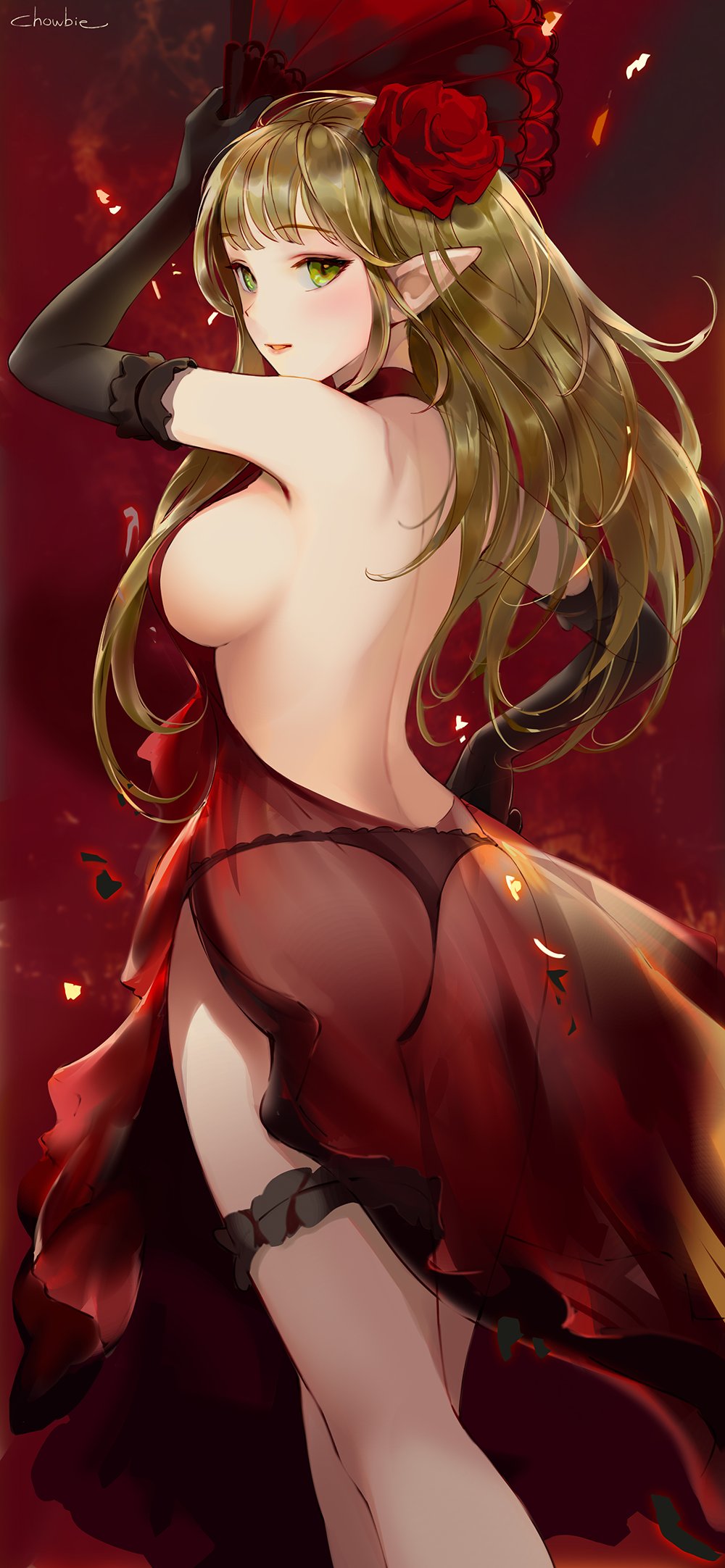 1girl artist_name ass blonde_hair blush breasts chowbie commentary_request dress elbow_gloves elf eyebrows_visible_through_hair fan feet_out_of_frame fire flower from_side gloves green_eyes hair_flower hair_ornament highres large_breasts looking_at_viewer no_bra original parted_lips pointy_ears red_background see-through sideboob solo thigh_strap thong thong_panties