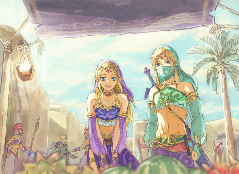 2boys 4girls alternate_costume blonde_hair blue_eyes blurry crossdressing dark_skin depth_of_field detached_sleeves food fruit gerudo gerudo_link kubu lantern leaning_forward link master_sword multiple_boys multiple_girls navel otoko_no_ko palm_tree pointy_ears polearm princess_zelda red_hair sheikah_slate smile spear stomach sword the_legend_of_zelda the_legend_of_zelda:_breath_of_the_wild town tree veil weapon weapon_on_back