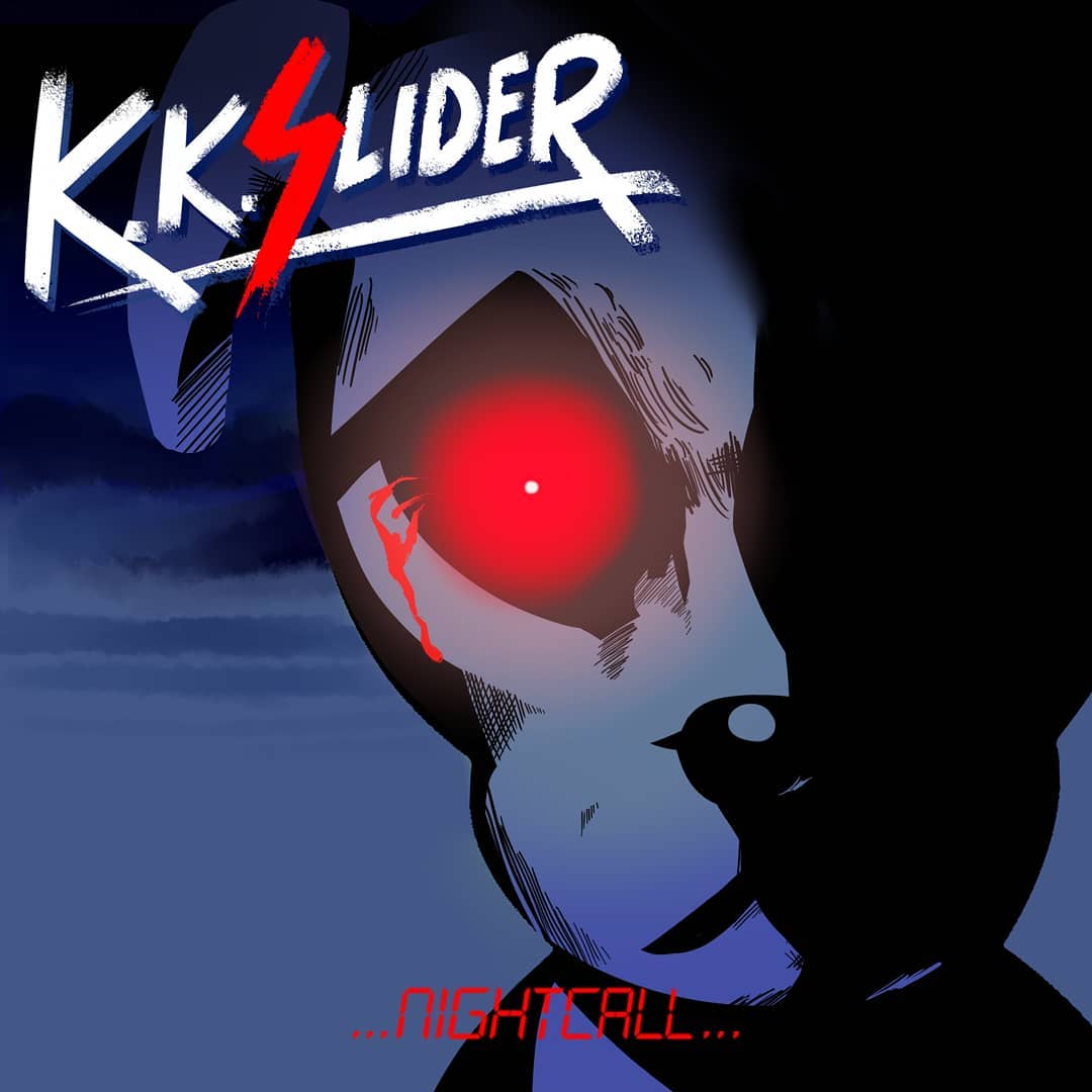 1:1 acedimandis album_cover animal_crossing anthro blood bloody_eyes blue_theme bodily_fluids bright_eyes canid canine canis cover domestic_dog k.k._slider k.k._slider_album_redraw kavinsky logo looking_at_viewer male mammal meme nightcall nintendo solo video_games