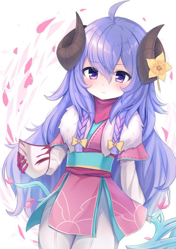 1girl ahoge alternate_costume alternate_hair_color alternate_hairstyle blush cherry_blossoms child curled_horns flower flower_(symbol) fur gloves hair_between_eyes hair_flower hair_ornament horns japanese_clothes kindred lamb_(league_of_legends) league_of_legends long_hair long_sleeves looking_at_viewer mask mask_removed nanabe petals purple_eyes purple_hair ribbon spirit_blossom_kindred twintails white_fur