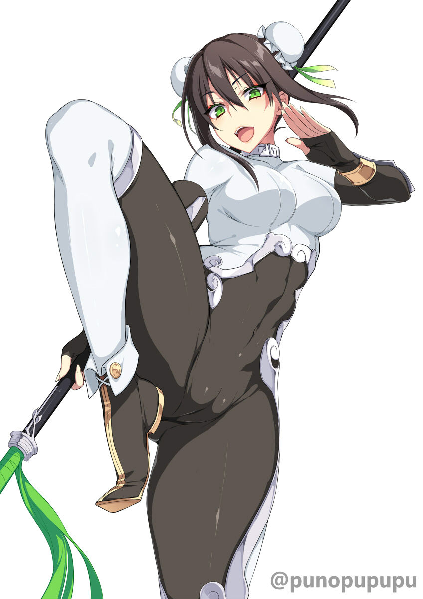 1girl bangs black_footwear blush bodysuit bracelet breasts brown_hair bun_cover chinese_clothes covered_navel double_bun fate/grand_order fate_(series) fingerless_gloves gloves green_eyes hair_between_eyes highres jewelry leg_up legs long_hair looking_at_viewer medium_breasts open_mouth polearm qin_liangyu_(fate) sidelocks simple_background smile solo spear thighs weapon white_background zeroshiki_kouichi