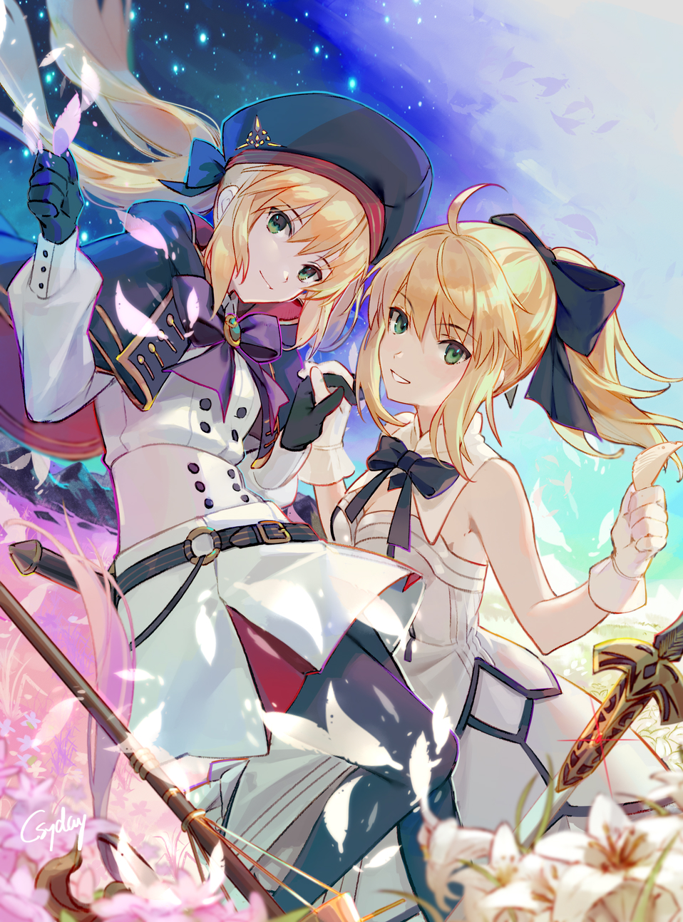 2girls ahoge artist_name artoria_pendragon_(all) artoria_pendragon_(caster) bangs bare_arms bare_shoulders belt black_bow black_gloves black_neckwear blonde_hair blue_belt blue_capelet blue_headwear bow bowtie brooch caliburn cape capelet closed_mouth csyday day day_and_night dress dual_persona fate/grand_order fate_(series) feet_out_of_frame field flower flower_field gloves green_eyes hair_between_eyes hair_bow hand_up hat highres holding holding_hands interlocked_fingers jewelry light_particles lily_(flower) long_hair long_sleeves looking_at_viewer multicolored multicolored_cape multicolored_capelet multicolored_clothes multiple_girls night o-ring_belt open_mouth pantyhose planted_sword planted_weapon ponytail purple_neckwear saber_lily sheath sheathed short_dress sleeveless sleeveless_dress smile staff striped_belt sword weapon white_dress white_gloves