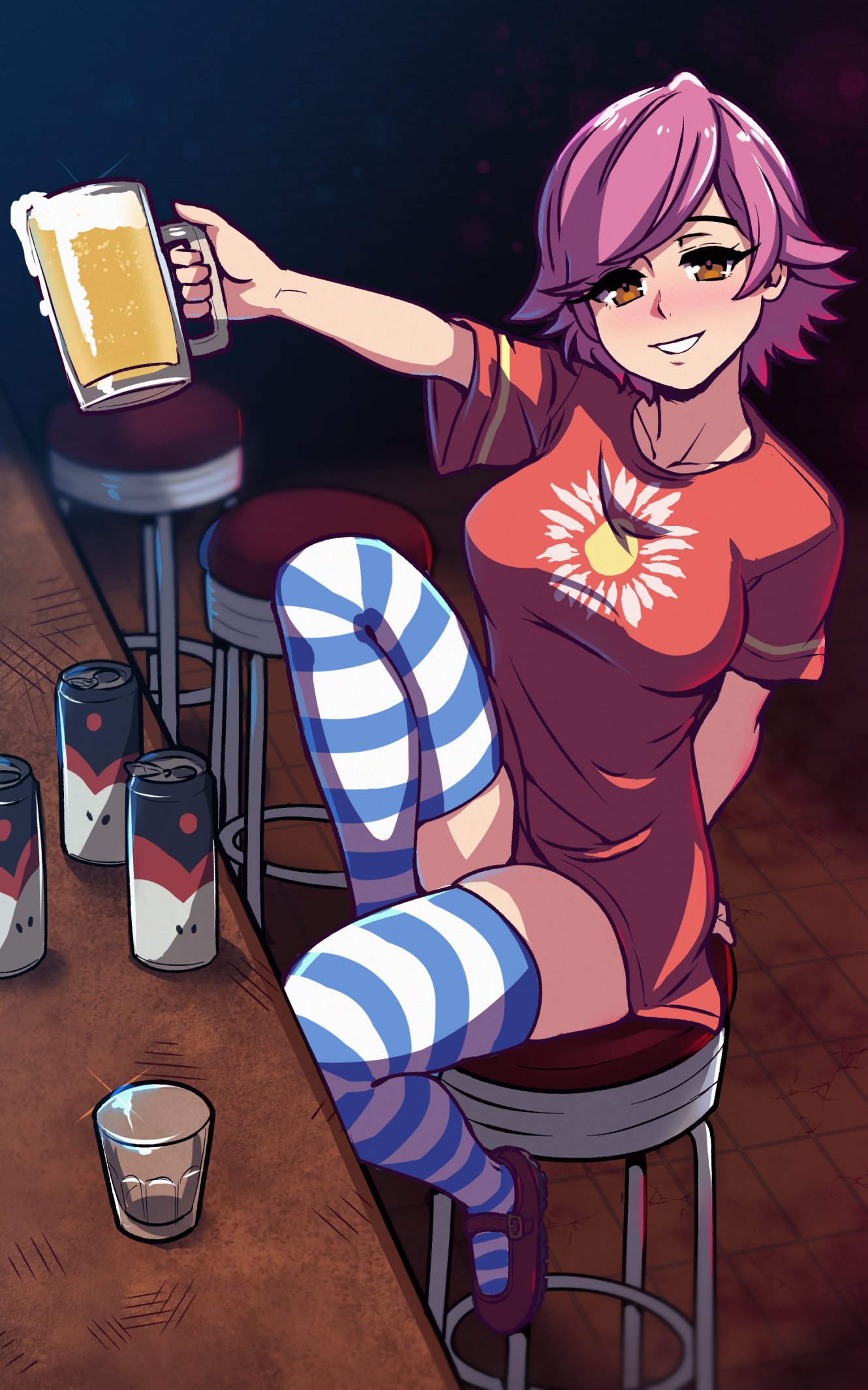 1girl akairiot alcohol arm_behind_back bar bar_stool beer beer_can beer_mug breasts brown_eyes can cheering commentary cup doubutsu_no_mori drunk highres looking_at_viewer medium_breasts mug no_pants pink_hair shirt short_hair sitting solo stool symbol_commentary t-shirt thighhighs villager_(doubutsu_no_mori)