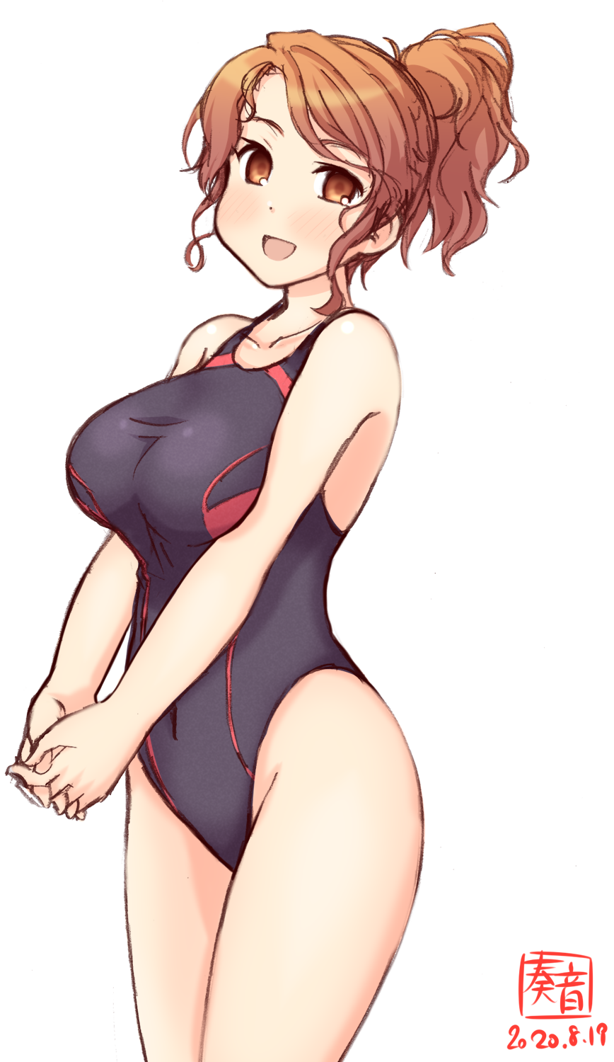 1girl aquila_(kantai_collection) artist_logo black_swimsuit brown_eyes brown_hair commentary_request competition_swimsuit cowboy_shot dated hair_ornament hairclip hands_clasped high_ponytail highleg highleg_swimsuit highres kanon_(kurogane_knights) kantai_collection long_hair looking_at_viewer one-piece_swimsuit own_hands_together simple_background smile solo swimsuit wavy_hair white_background