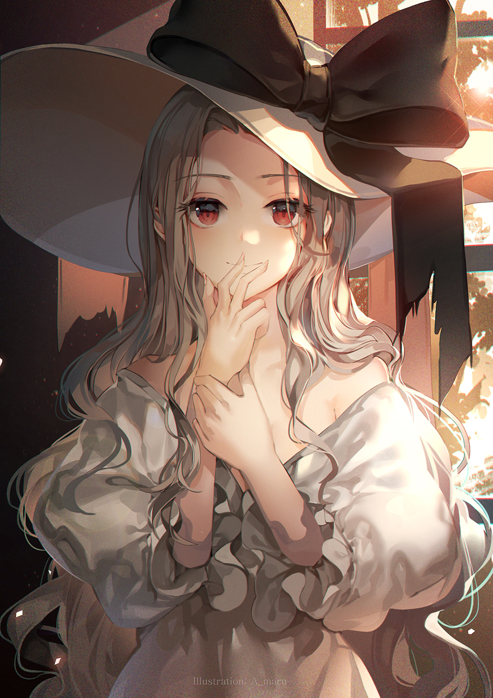 1girl artist_name bangs bare_shoulders black_bow blush bow collarbone commentary_request dress fingers_to_mouth hat hat_bow highres large_hat long_sleeves looking_at_viewer original puffy_long_sleeves puffy_sleeves red_eyes smile solo torn_bow unity_(ekvmsp02) white_dress white_headwear