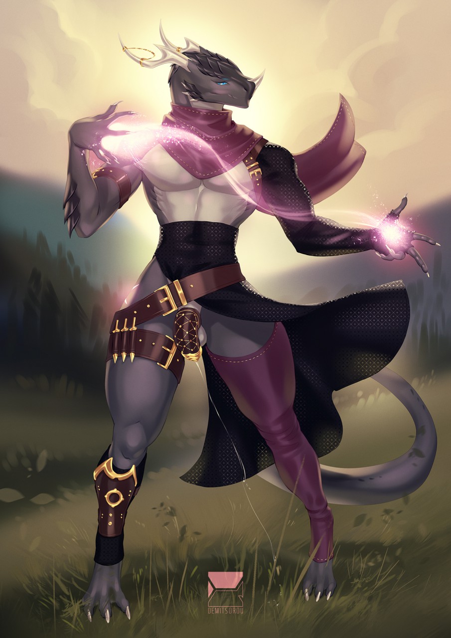 anthro background_sky chastity_cage chastity_device clothed clothing demitsorou dragon fantasy hi_res horn jewelry leaking_precum magic magic_user male nirimer partially_clothed runes scarf solo toes