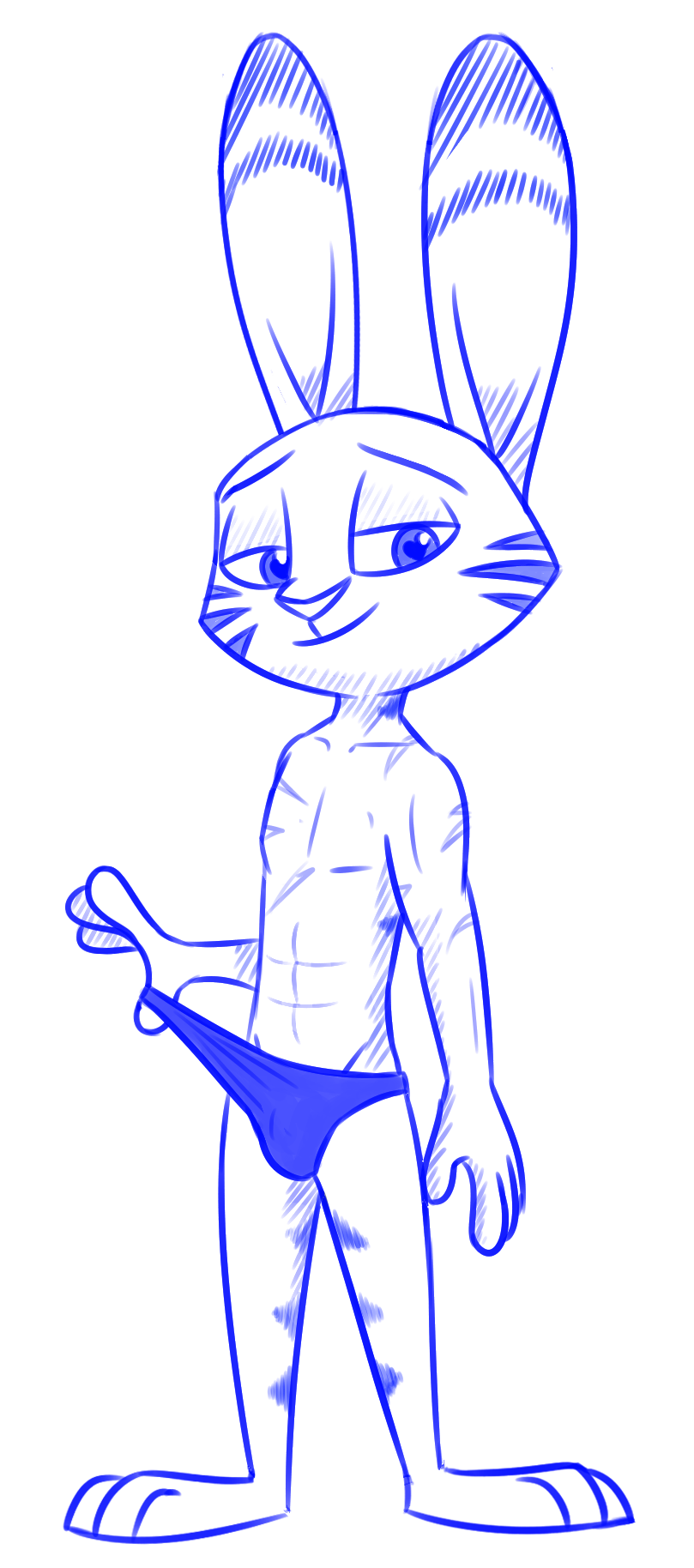 &lt;3 &lt;3_eyes abs anthro blue_and_white bulge clothed clothing disney ear_markings facial_markings head_markings hi_res jack_savage lagomorph leporid looking_at_viewer male mammal markings monochrome muscular muscular_anthro muscular_male rabbit scar simple_background smile solo speedo standing stripes swimwear theblueberrycarrots topless white_background zootopia