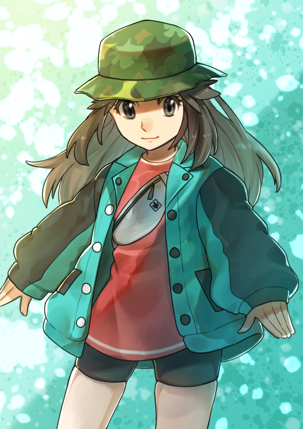 1girl bike_shorts blue_(pokemon) brown_hair buttons camouflage_headwear closed_mouth commentary_request cowboy_shot eyelashes green_jacket grey_eyes hat highres jacket long_hair long_sleeves meru_(merumumu) official_alternate_costume pokemon pokemon_(game) pokemon_masters red_shirt shirt smile solo