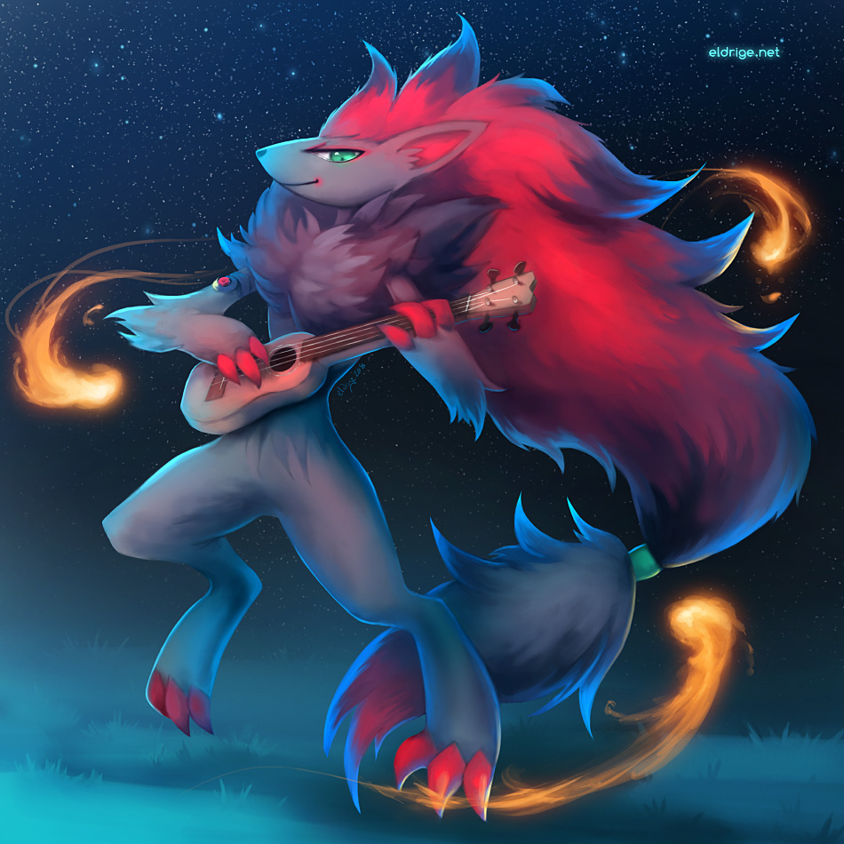 1:1 2018 anthro black_body black_fur claws eldrige fire fur green_eyes grey_body grey_fur guitar hair highlights_(coloring) inner_ear_fluff long_hair musical_instrument night nintendo playing plucked_string_instrument pok&eacute;mon pok&eacute;mon_(species) ponytail red_claws red_hair red_inner_ear smile solo string_instrument toe_claws tuft video_games zoroark
