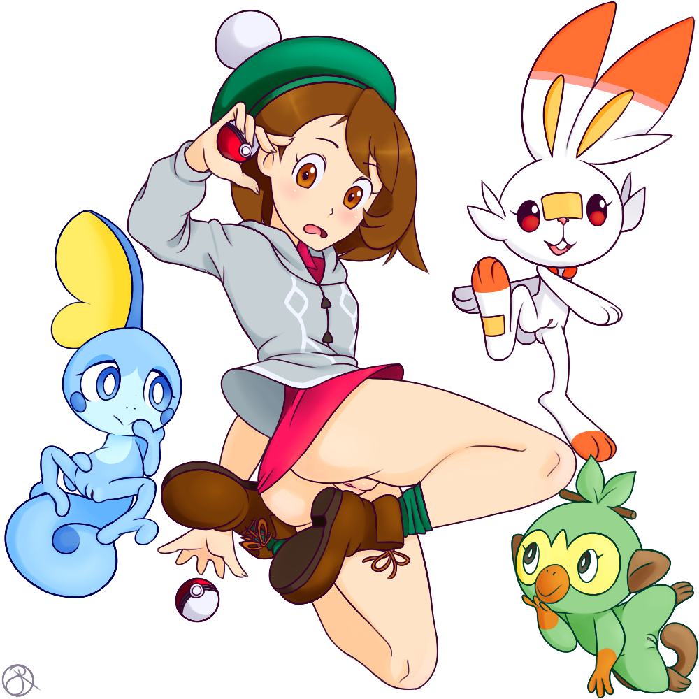 1:1 alpha_channel clothing elemental_creature female feral flora_fauna genitals gloria_(pok&eacute;mon) grookey group hat headgear headwear human lagomorph mammal nintendo plant pok&eacute;mon pok&eacute;mon_(species) primate pussy rasenxoru reptile scalie scorbunny sobble starter_trio upskirt video_games