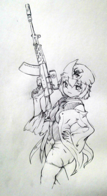 1girl ak-12 assault_rifle breasts closed_mouth commentary cowboy_shot frilled_hat frills genderswap genderswap_(otf) gun hand_on_own_hip hat holding holding_gun holding_weapon jacket kalashnikov_rifle len'en medium_breasts mihimi open_clothes open_jacket rifle shirt shitodo_kuroji short_hair shorts simple_background smile traditional_media weapon white_background