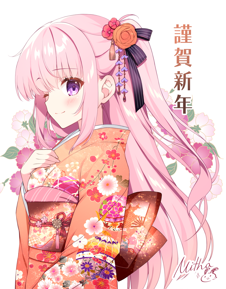 1girl ;) blush brown_kimono closed_mouth commentary_request floral_background floral_print flower hair_between_eyes hair_flower hair_ornament hand_up japanese_clothes kimono long_hair long_sleeves mitha obi one_eye_closed one_side_up orange_flower original pink_hair print_kimono purple_eyes red_flower sash signature simple_background smile solo translation_request upper_body very_long_hair white_background wide_sleeves