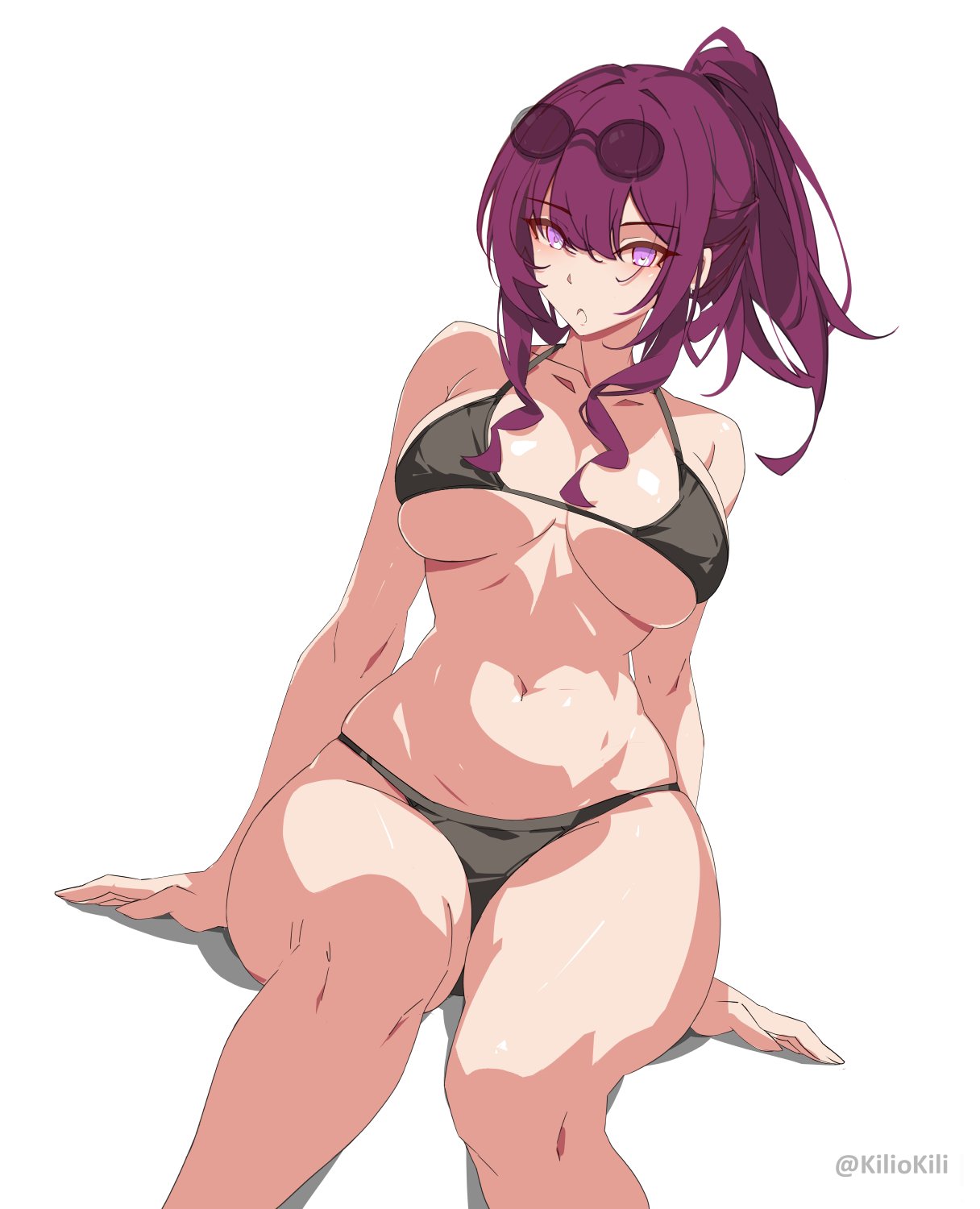 1girl :o bikini blush breasts eyewear_on_head hair_between_eyes hair_ornament highres honkai:_star_rail honkai_(series) kafka_(honkai:_star_rail) kili_kilio large_breasts long_hair looking_at_viewer navel no_sclera open_mouth parted_lips purple_eyes purple_hair shiny_skin simple_background sitting solo sunglasses swimsuit thighs