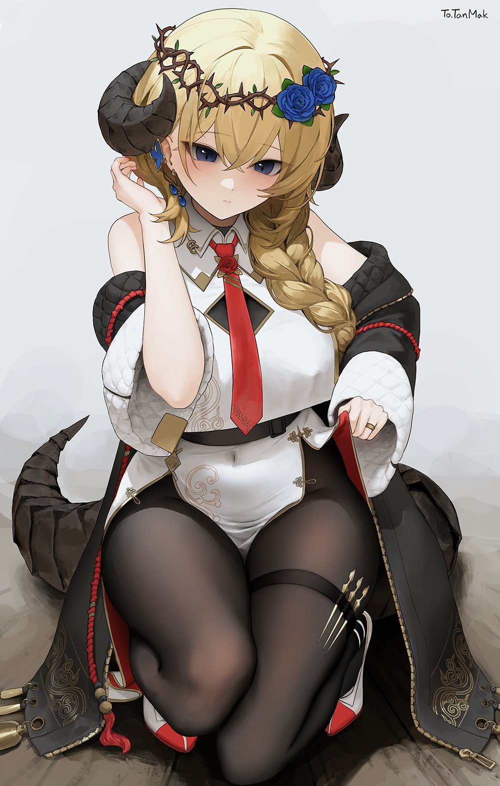 1girl black_pantyhose blonde_hair blue_eyes closed_mouth commentary commission covered_navel crown dragon_girl dragon_horns dragon_tail egk513 highres horns jacket jewelry long_hair long_sleeves original pantyhose ring shoes solo squatting tail thorns zipper zipper_pull_tab