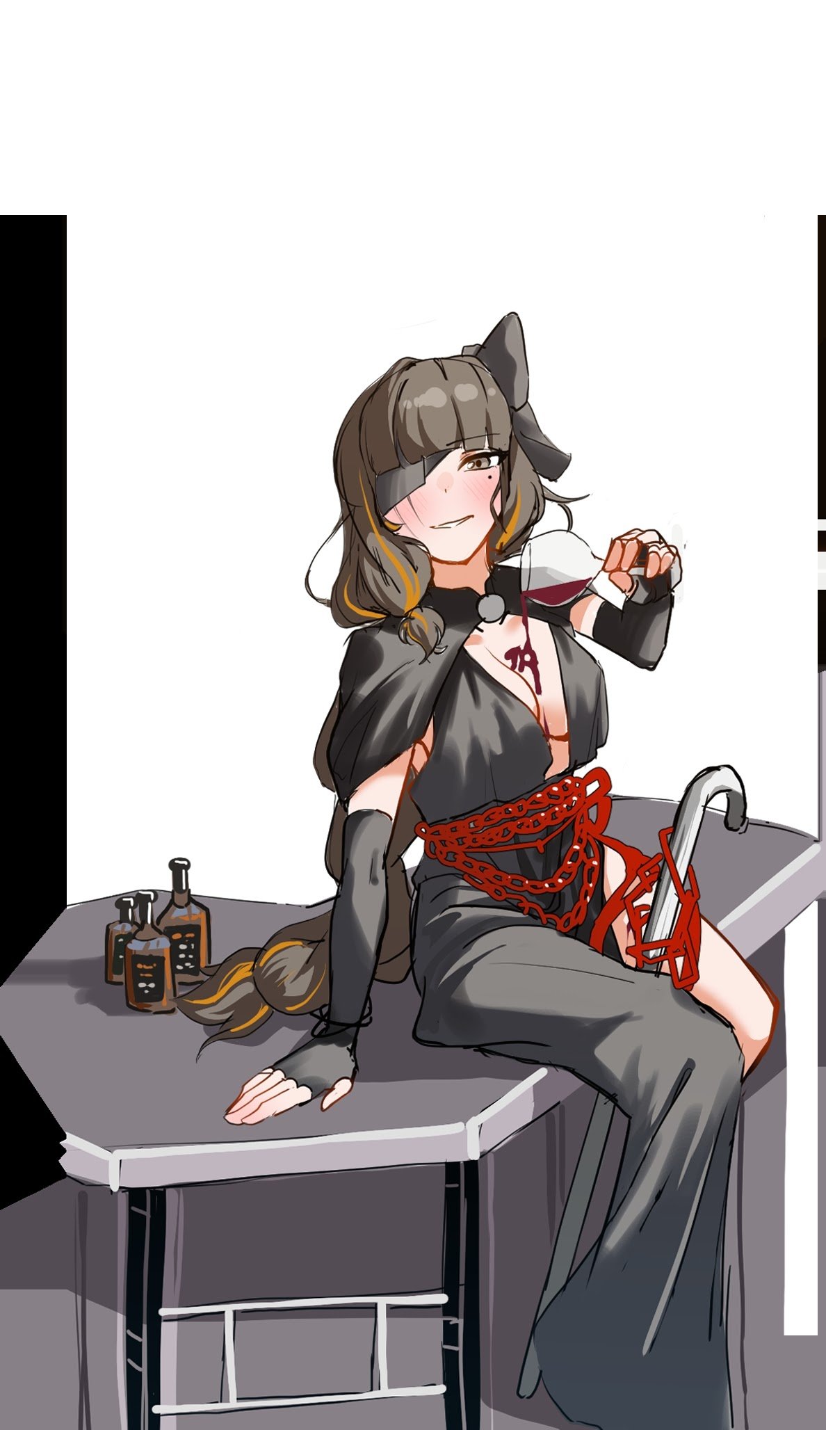 1girl alcohol black_dress brown_eyes brown_hair cup dress drinking_glass eyepatch girls'_frontline highres looking_at_viewer m16a1_(blazer_of_the_trail)_(girls'_frontline) m16a1_(girls'_frontline) open_mouth sitting smile wine wine_glass