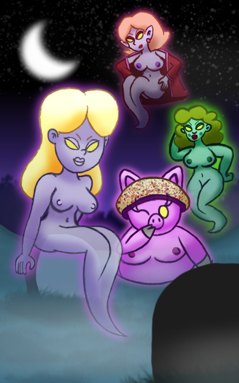 anthro blonde_hair cemetery clothing curled_hair domestic_pig female ghost ghost_tail glowing green_body group hair hi_res humanoid luigi's_mansion lydia_(luigi's_mansion) mammal mario_bros melody_pianissima miss_petunia naked_dan night nintendo nude_female pink_body purple_body robe spirit suid suina sus_(pig) the_floating_whirlindas through_floor translucent translucent_body yellow_eyes