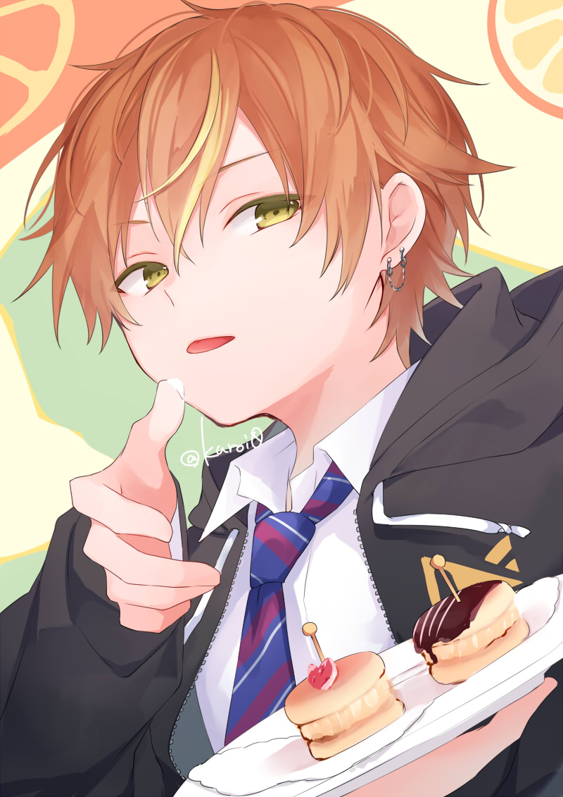 1boy black_jacket blonde_hair brown_eyes brown_hair collared_shirt diagonal-striped_necktie drawstring food_on_hand hair_between_eyes half-closed_eyes hands_up holding holding_plate hood hood_down hooded_jacket jacket kuroi_(liar-player) long_sleeves male_focus multicolored_hair necktie plate project_sekai puffy_long_sleeves puffy_sleeves shinonome_akito shirt solo streaked_hair tongue tongue_out twitter_username upper_body white_shirt