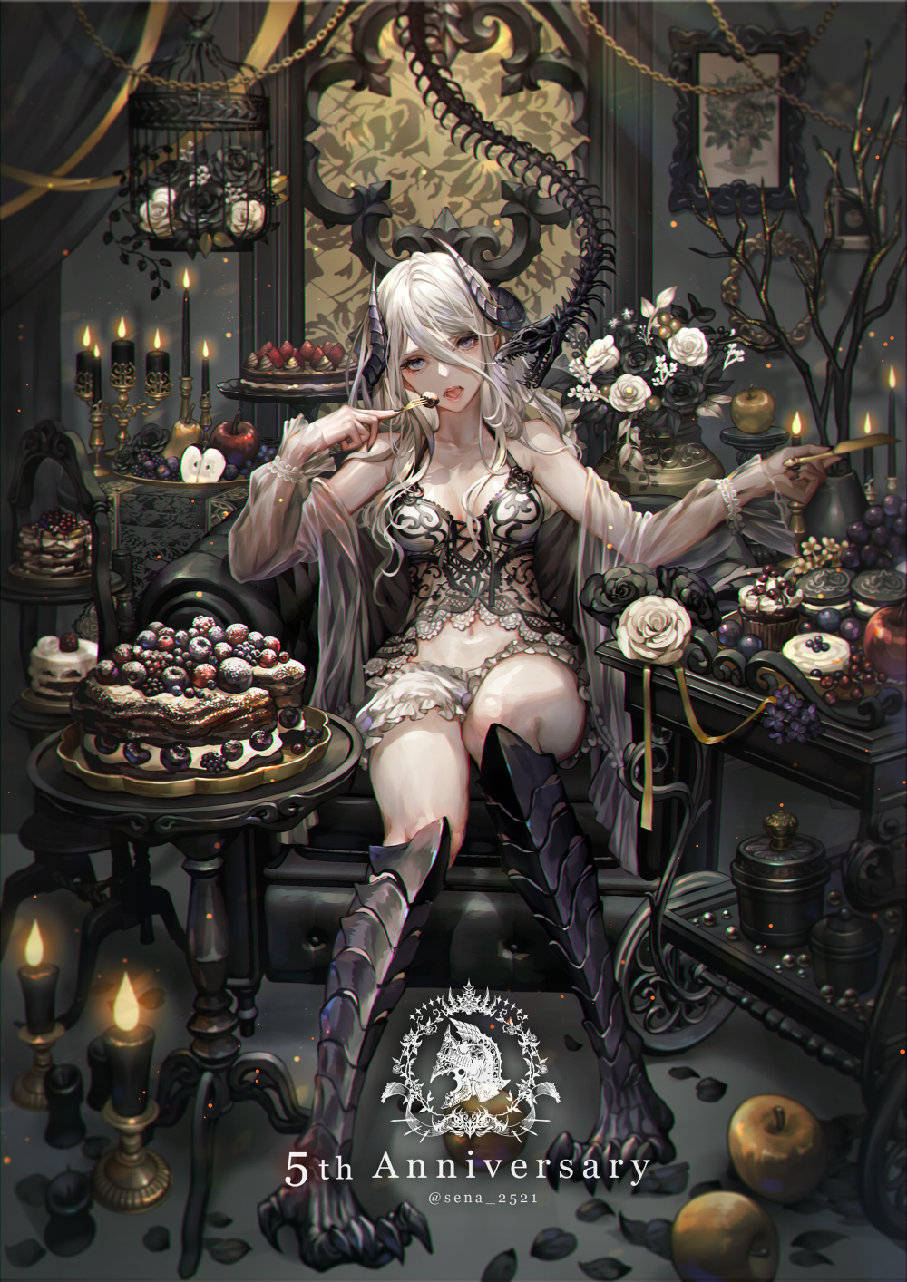 1girl babydoll birdcage black_flower black_rose cage cake candle candlestand curled_horns dragon_girl eating flower food fork grey_eyes highres holding holding_fork holding_knife horns jacket knife lingerie long_hair looking_at_viewer midriff muffin open_mouth original rose see-through see-through_jacket senano-yu sitting skeleton_snake solo underwear white_flower white_hair white_rose