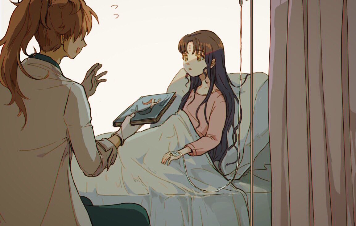 1boy 1girl aged_down amidura bed bed_sheet black_hair book coat commentary_request curtains facial_mark facing_another fate/grand_order fate_(series) forehead_mark forehead_tattoo gloves green_pants holding holding_book hospital_bed hospital_gown intravenous_drip iv_stand korean_commentary lab_coat long_hair long_sleeves looking_at_another on_bed open_mouth orange_hair pants parted_bangs parted_lips pillow pink_curtains ponytail romani_archaman sessyoin_kiara simple_background sitting smile the_little_mermaid white_background white_coat white_gloves yellow_eyes