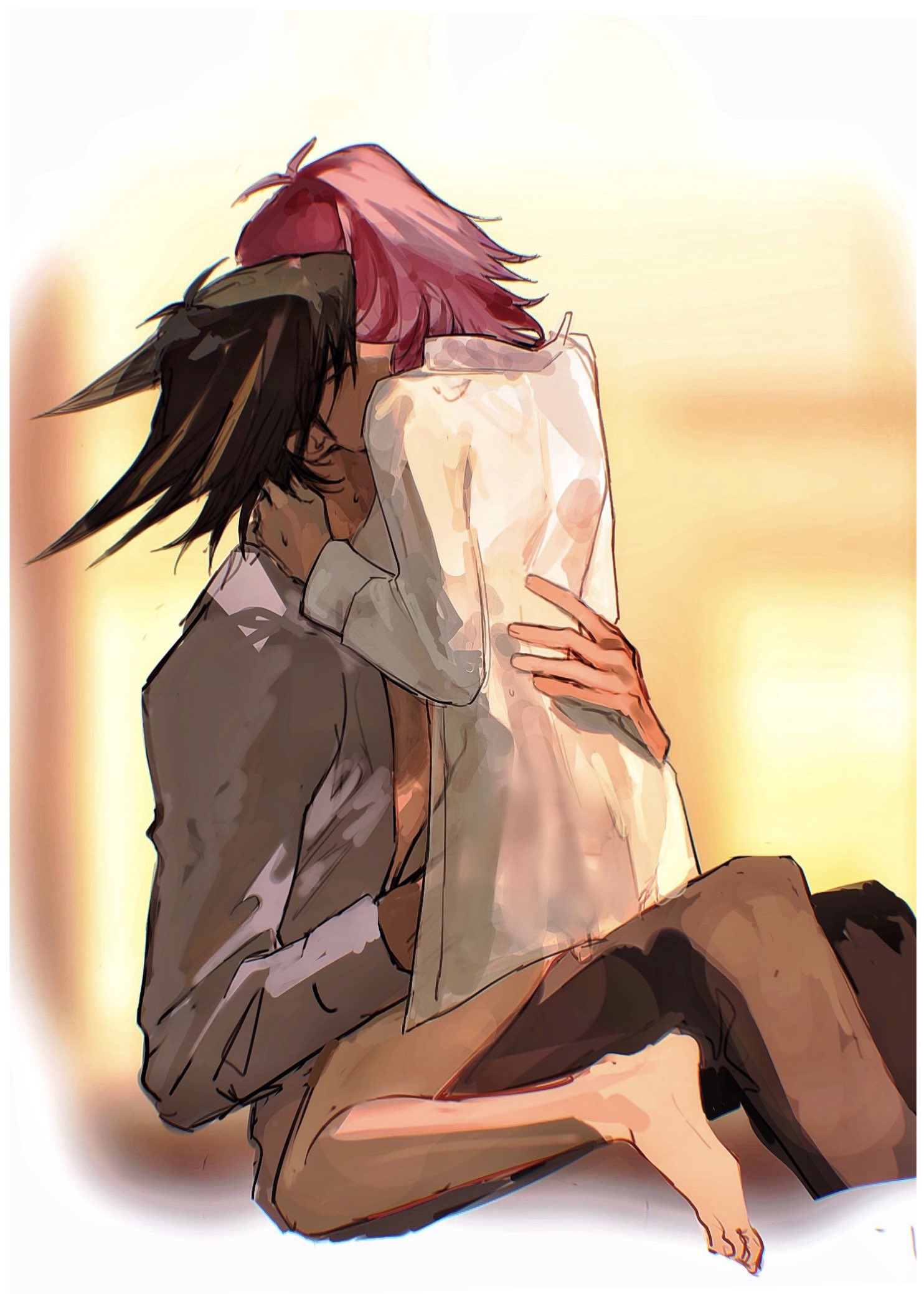 1boy 1girl alternate_costume barefoot between_legs black_hair brown_pants chinese_commentary closed_eyes collared_shirt commentary couple fudou_yuusei grey_shirt hand_on_another's_ass hand_on_another's_back hand_on_another's_neck hetero highres indoors izayoi_aki kneeling long_sleeves multicolored_hair naoki_(2rzmcaizerails6) no_pants open_clothes open_shirt pants purple_hair shirt short_hair sitting spiked_hair streaked_hair sweatdrop twilight white_shirt yu-gi-oh! yu-gi-oh!_5d's