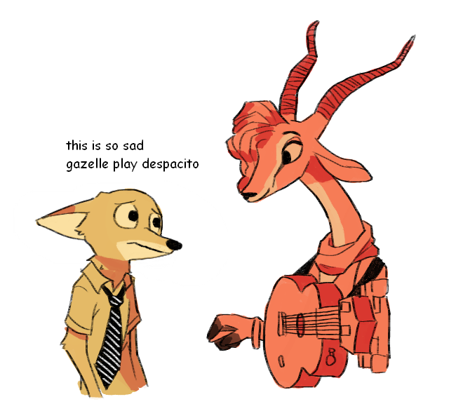 antelope anthro bovid canid canine clothed clothing disney duo english_text fox fur gazelle gazelle_(zootopia) guitar hair horn looking_at_another mammal meme musical_instrument nick_wilde plucked_string_instrument red_fox restricted_palette string_instrument text theblueberrycarrots zootopia