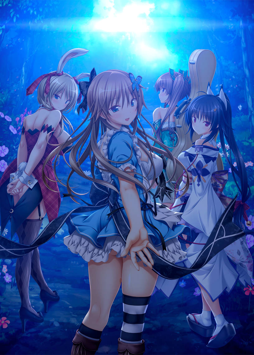 4girls :d ahoge animal_ears argyle_thighhighs arms_behind_back back backboob bare_shoulders black_bow black_footwear black_hair black_thighhighs blonde_hair blue_dress blue_eyes blush bow breasts brown_hair butterfly_hair_ornament closed_mouth detached_sleeves dress feet_out_of_frame floating_hair forest frilled_dress frilled_sleeves frills from_behind full_body garter_straps geta guitar_case hair_bow hair_ornament hapymaher hasuno_saki high_heels hirasaka_keiko instrument_case koku large_breasts long_hair looking_at_viewer looking_back multiple_girls nature nontraditional_playboy_bunny official_art open_hand open_mouth outdoors outstretched_arm own_hands_together ponytail puffy_short_sleeves puffy_sleeves rabbit_ears rabbit_girl rabbit_tail reaching reaching_towards_viewer red_eyes short_dress short_sleeves sideboob sidelocks sideways_glance smile standing tabi tail thighhighs thighs third-party_edit toriumi_arisu twintails white_dress white_wrist_cuffs wide_sleeves yayoi_b_lutwidge