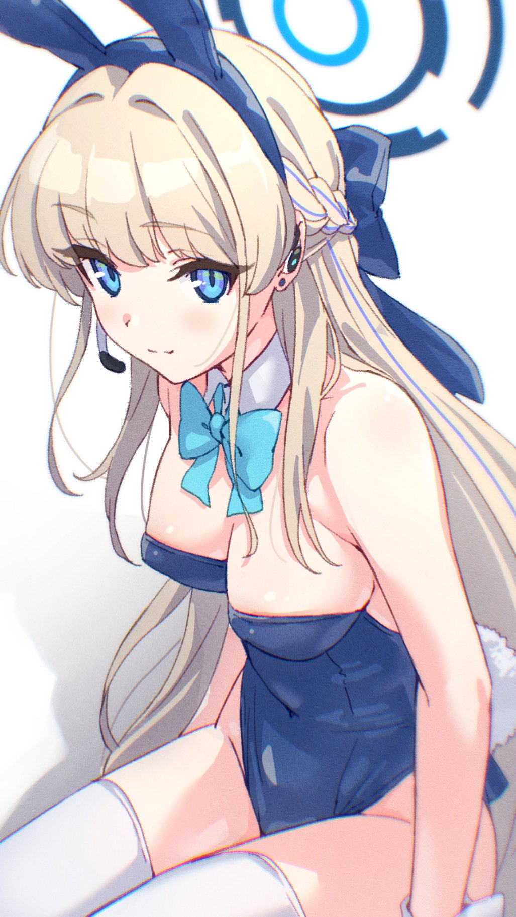 1girl animal_ears bare_shoulders blonde_hair blue_archive blue_bow blue_bowtie blue_eyes blue_hairband blue_halo blue_leotard bow bowtie braid breasts closed_mouth commentary_request detached_collar earpiece fake_animal_ears hair_bow hairband halo highleg highleg_leotard highres karahai_(31448823) large_breasts leotard light_smile looking_at_viewer official_alternate_costume playboy_bunny rabbit_ears rabbit_tail sideways_glance simple_background sitting solo strapless strapless_leotard tail thighhighs toki_(blue_archive) toki_(bunny)_(blue_archive) traditional_bowtie white_background white_thighhighs