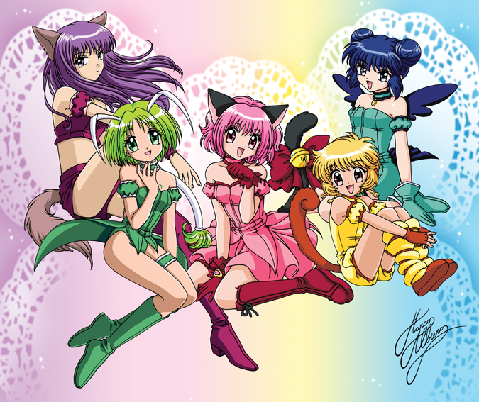 5girls aizawa_mint animal_ears blonde_hair blue_gloves blue_hair bubble_skirt cat_ears cat_tail choker dress fong_pudding fujiwara_zakuro gloves green_hair leg_garter long_hair looking_at_viewer magical_girl marco_albiero mew_ichigo mew_lettuce mew_mint mew_pudding mew_zakuro midorikawa_lettuce momomiya_ichigo monkey_tail multiple_girls one_eye_closed open_mouth parted_lips pink_choker pink_dress pink_eyes pink_hair puffy_sleeves purple_hair red_gloves red_ribbon ribbon short_hair skirt sleeveless sleeveless_dress smile standing strapless tail tied_hair tokyo_mew_mew yellow_eyes