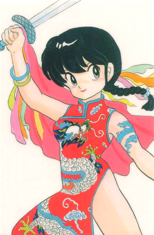 1980s_(style) 1girl armlet black_eyes black_hair bracelet braid china_dress chinese_clothes dragon_print dress genderswap genderswap_(mtf) holding holding_sword holding_weapon jewelry long_hair official_art oldschool ranma-chan ranma_1/2 saotome_ranma scan simple_background sleeveless sleeveless_dress smile solo sword takahashi_rumiko weapon white_background