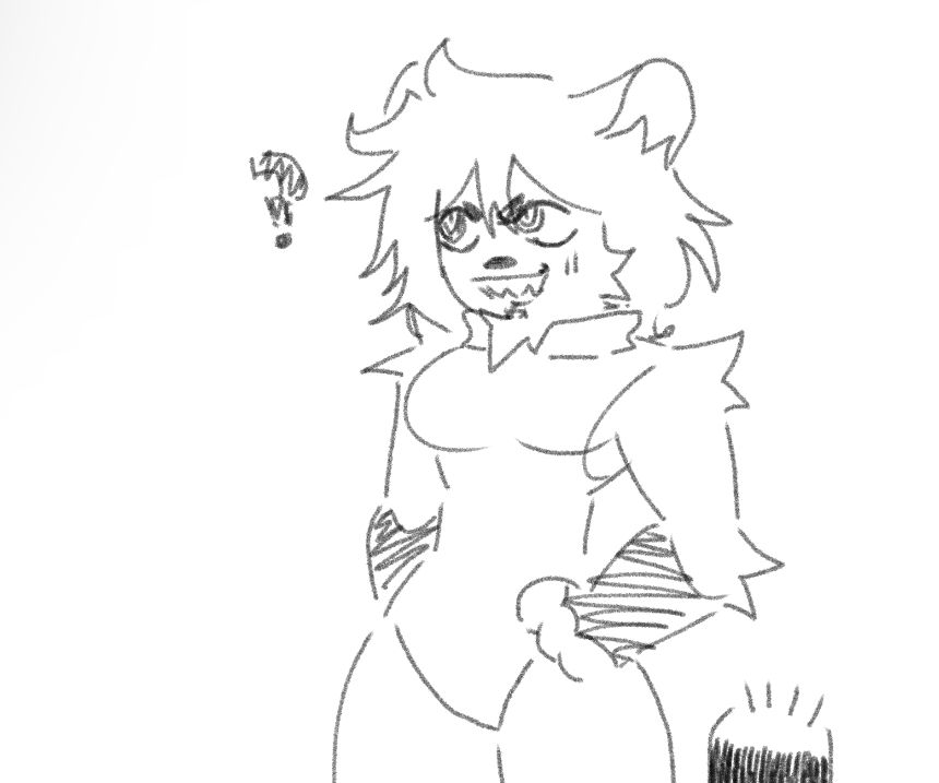 (character) anthro breasts clothed clothing ears_back female fingerless_gloves fur fur_markings gloves grin hair handwear humanoid hybrid hyena mammal markings pivoted_ears procyonid question_mark raccoon raccoon_tail side_boob skimpy smile solo thick_thighs
