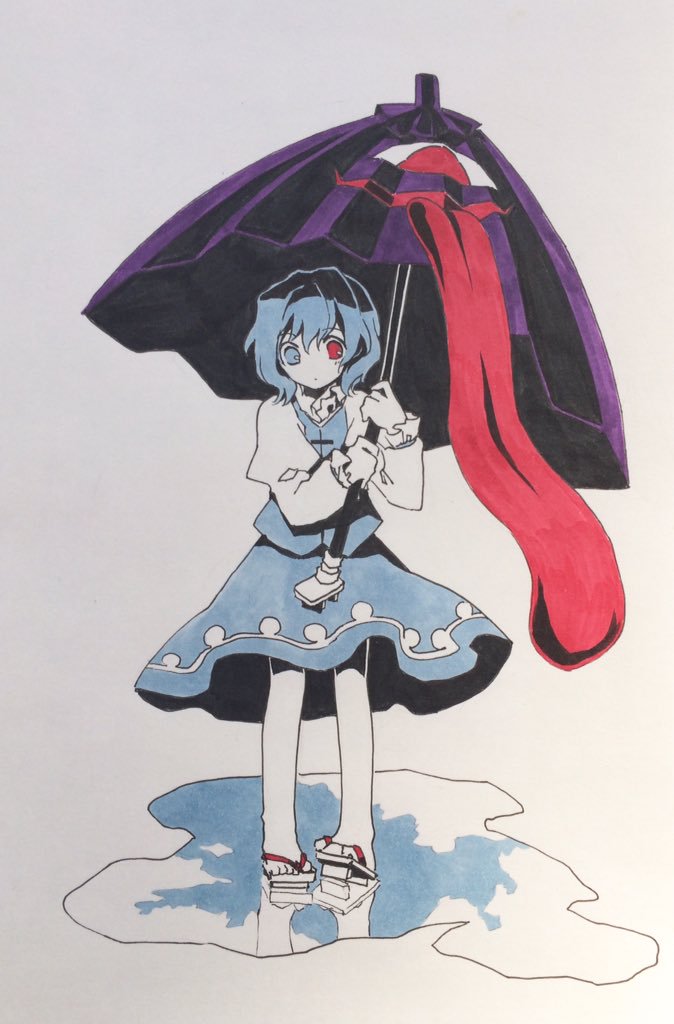 1girl blue_eyes blue_hair blue_skirt blue_vest closed_mouth colored_skin commentary_request flat_chest frilled_sleeves frills full_body geta heterochromia holding holding_umbrella juliet_sleeves kaigen_1025 long_sleeves marker_(medium) no_nose puddle puffy_sleeves purple_umbrella red_eyes shirt short_hair simple_background skirt solo tatara_kogasa touhou traditional_media umbrella vest white_background white_shirt white_skin