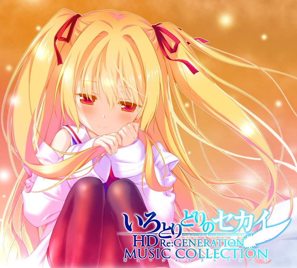 1girl album_cover bare_shoulders black_thighhighs blonde_hair blush closed_mouth commentary_request copyright_name cover english_text floating_hair hair_between_eyes hair_intakes hair_ribbon half-closed_eyes holding holding_hair irotoridori_no_sekai knees_up lab_coat long_hair long_sleeves looking_down nikaidou_shinku official_art orange_background red_eyes red_ribbon ribbon sailor_collar school_uniform shida_kazuhiro simple_background sitting smile solo thighhighs two_side_up very_long_hair white_sailor_collar