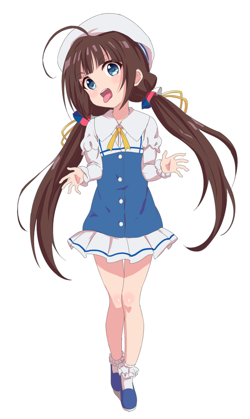 1girl ahoge bangs beret blue_dress blue_eyes blue_footwear brown_hair dress full_body hat highres hinatsuru_ai long_hair long_sleeves looking_at_viewer low_twintails open_mouth ryuuou_no_oshigoto! short_over_long_sleeves short_sleeves simple_background socks solo tongue tongue_out trg-_(sain) twintails very_long_hair white_background white_headwear