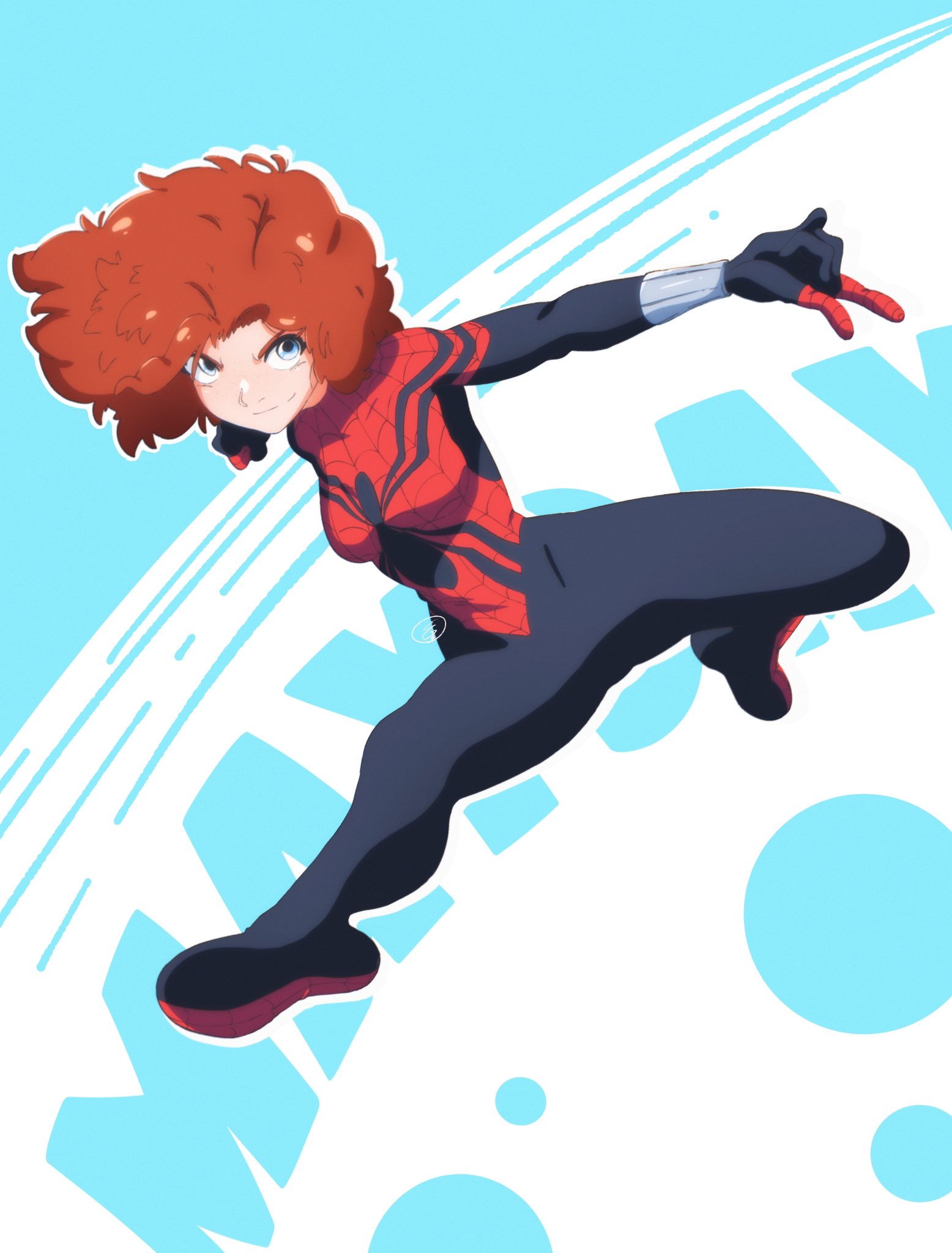 1girl animal_print animification bodysuit commentary english_commentary happy_new_year highres marvel mayday_parker print_bodysuit red_bodysuit red_hair smile solo spider-man:_across_the_spider-verse spider-man_(series) spider-verse spider_print spider_web_print superhero thejg two-tone_bodysuit