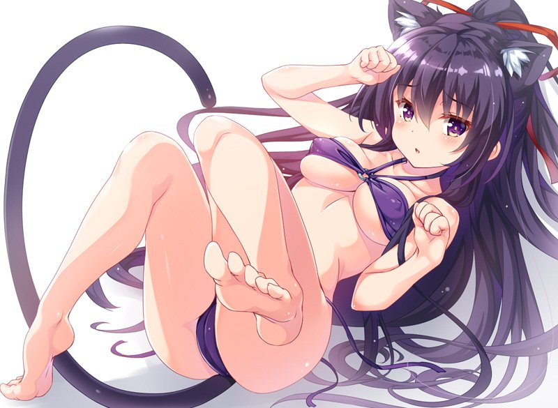 1girl :o animal_ears barefoot breasts cat_ears cat_tail collarbone covered_nipples date_a_live full_body long_hair looking_at_viewer lying medium_breasts moeki_yuuta on_back purple_eyes purple_hair shadow solo tail yatogami_tooka