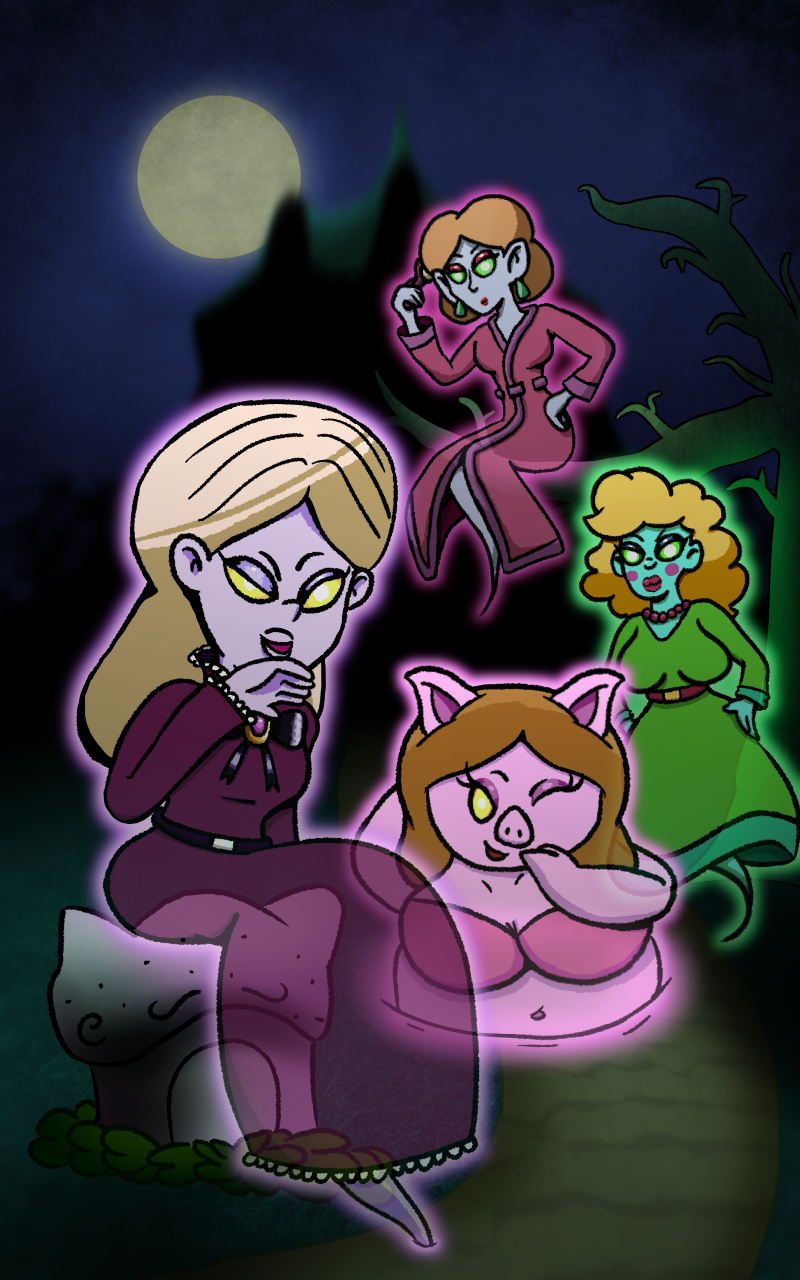 anthro big_breasts bikini blonde_hair breasts cemetery clothing curled_hair domestic_pig dress female ghost ghost_tail glowing green_body green_eyes group hair haunted_house hi_res humanoid luigi's_mansion lydia_(luigi's_mansion) mammal mario_bros melody_pianissima miss_petunia naked_dan night nintendo pink_body purple_body robe small_breasts spirit suid suina sus_(pig) swimwear the_floating_whirlindas through_floor translucent translucent_body yellow_eyes