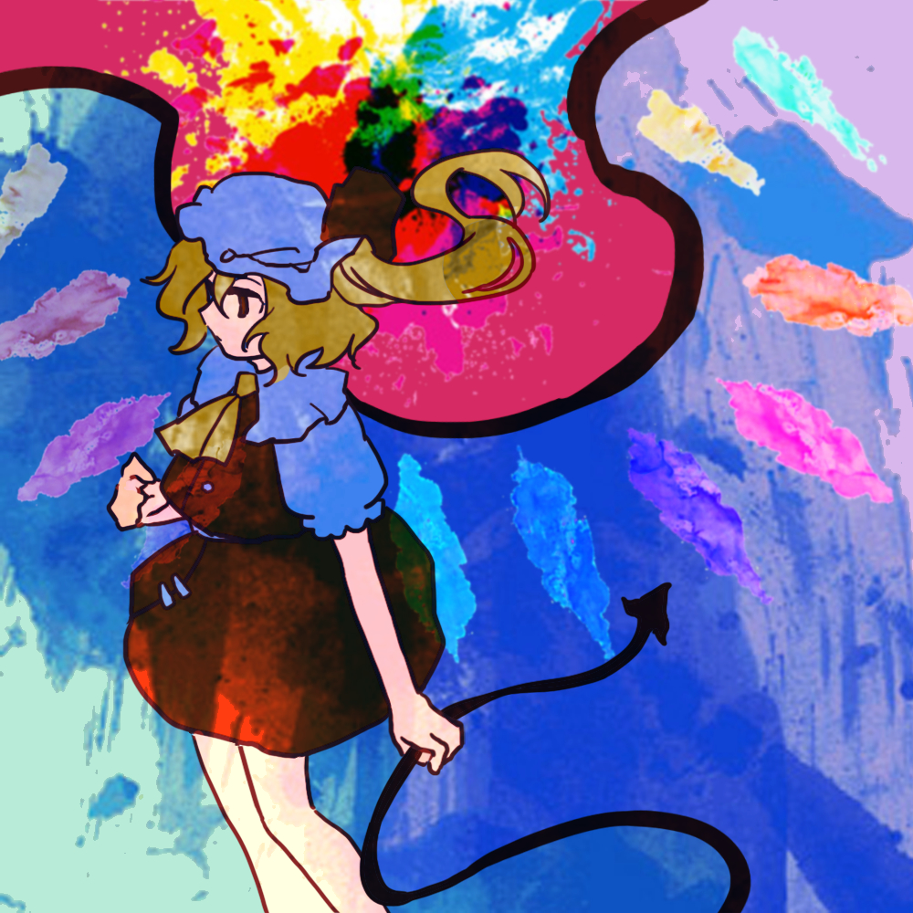 1girl ascot blonde_hair closed_mouth collared_shirt commentary_request flandre_scarlet flat_chest frilled_shirt_collar frills hair_between_eyes hand_up hat hat_ribbon holding kaigen_1025 mob_cap multicolored_background no_sclera one_side_up red_eyes red_ribbon red_skirt red_vest ribbon shirt skirt solo touhou vest white_headwear white_shirt wings yellow_ascot