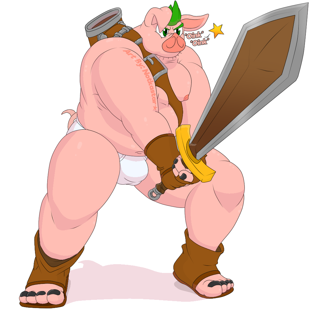 1:1 alpha_channel anthro belt breasts briefs bulge clothed clothing domestic_pig english_text feet footwear gloves hair handwear male mammal melee_weapon moobs nipples notkastar partially_clothed sandles shoes signature slightly_chubby solo suid suina sus_(pig) sword text toes underwear weapon