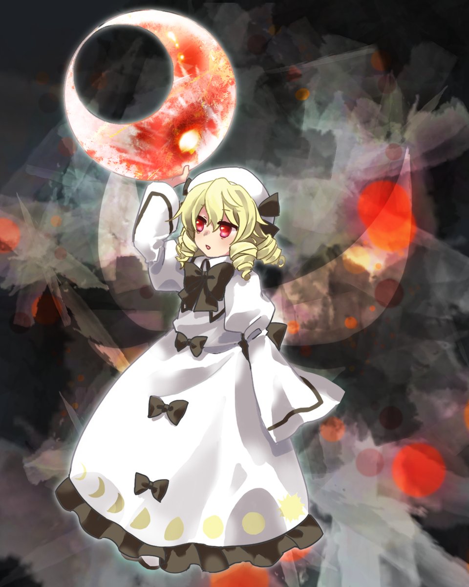 1girl black_bow black_ribbon blonde_hair bow collared_dress commentary_request crescent dress dress_bow frilled_dress frills full_body hat hat_ribbon highres juliet_sleeves kaigen_1025 long_dress long_sleeves luna_child medium_hair moon_phases neck_ribbon open_mouth puffy_sleeves red_eyes ribbon solo touhou white_dress white_headwear wings
