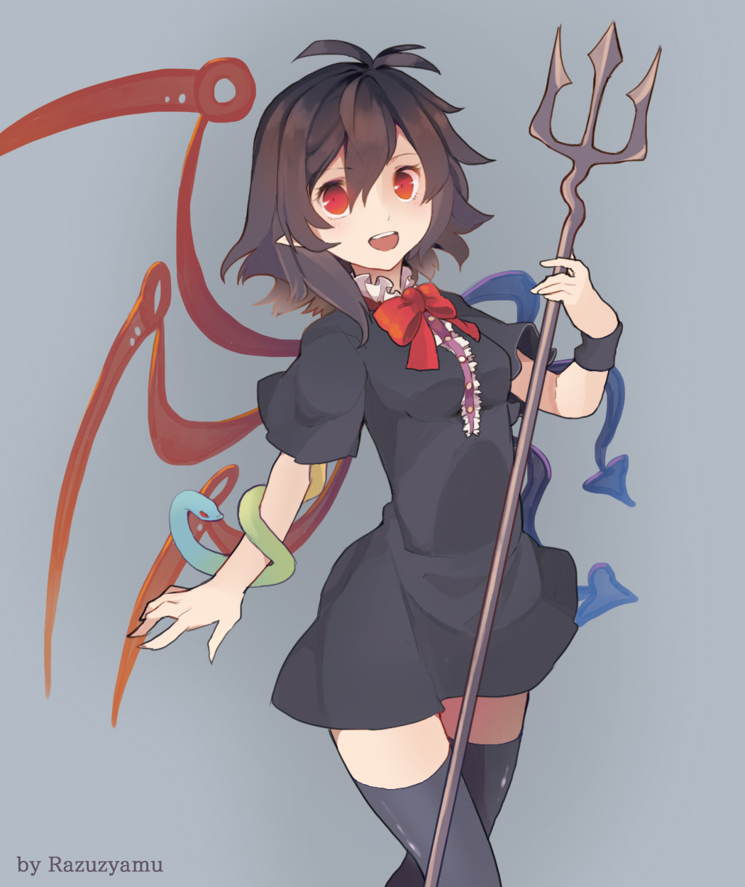 1girl ahoge asymmetrical_wings black_dress black_hair black_thighhighs black_wristband breasts dress highres holding_trident houjuu_nue medium_breasts pointy_ears polearm razuzyamu red_eyes red_ribbon ribbon short_hair simple_background smile snake teeth thighhighs thighs touhou trident upper_teeth_only weapon wings