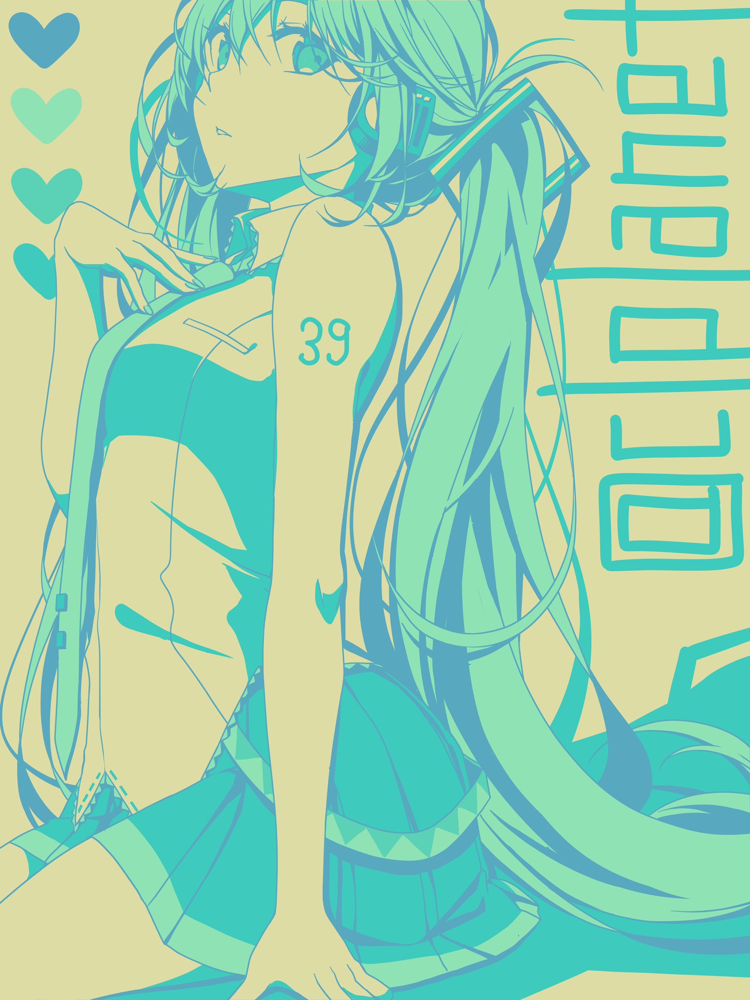 1girl aira_(exp) arm_at_side artist_name bare_shoulders belt blue_eyes blue_hair blue_necktie blue_skirt breasts collared_shirt frilled_shirt frills from_side hair_between_eyes hand_on_own_chest hatsune_miku headset highres limited_palette long_hair looking_at_viewer loose_belt medium_breasts miniskirt necktie number_tattoo parted_lips pleated_skirt seiza shadow shirt sidelocks sitting skirt sleeveless sleeveless_shirt solo tattoo teeth tie_clip twintails very_long_hair vocaloid watermark yellow_background