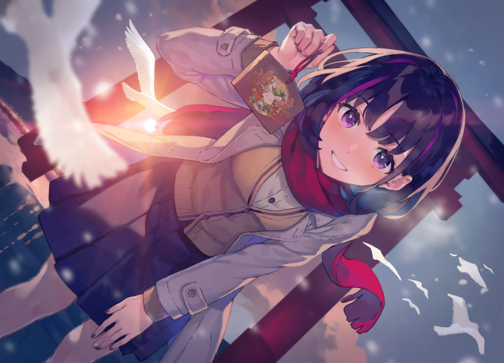 1girl bird black_hair breath cloud coat commentary_request dove ema flock leaning_forward looking_at_viewer multicolored_hair open_clothes open_coat original outdoors purple_eyes purple_hair scarf short_hair skirt sky smile solo streaked_hair sunrise torii vest yasumo_(kuusouorbital)